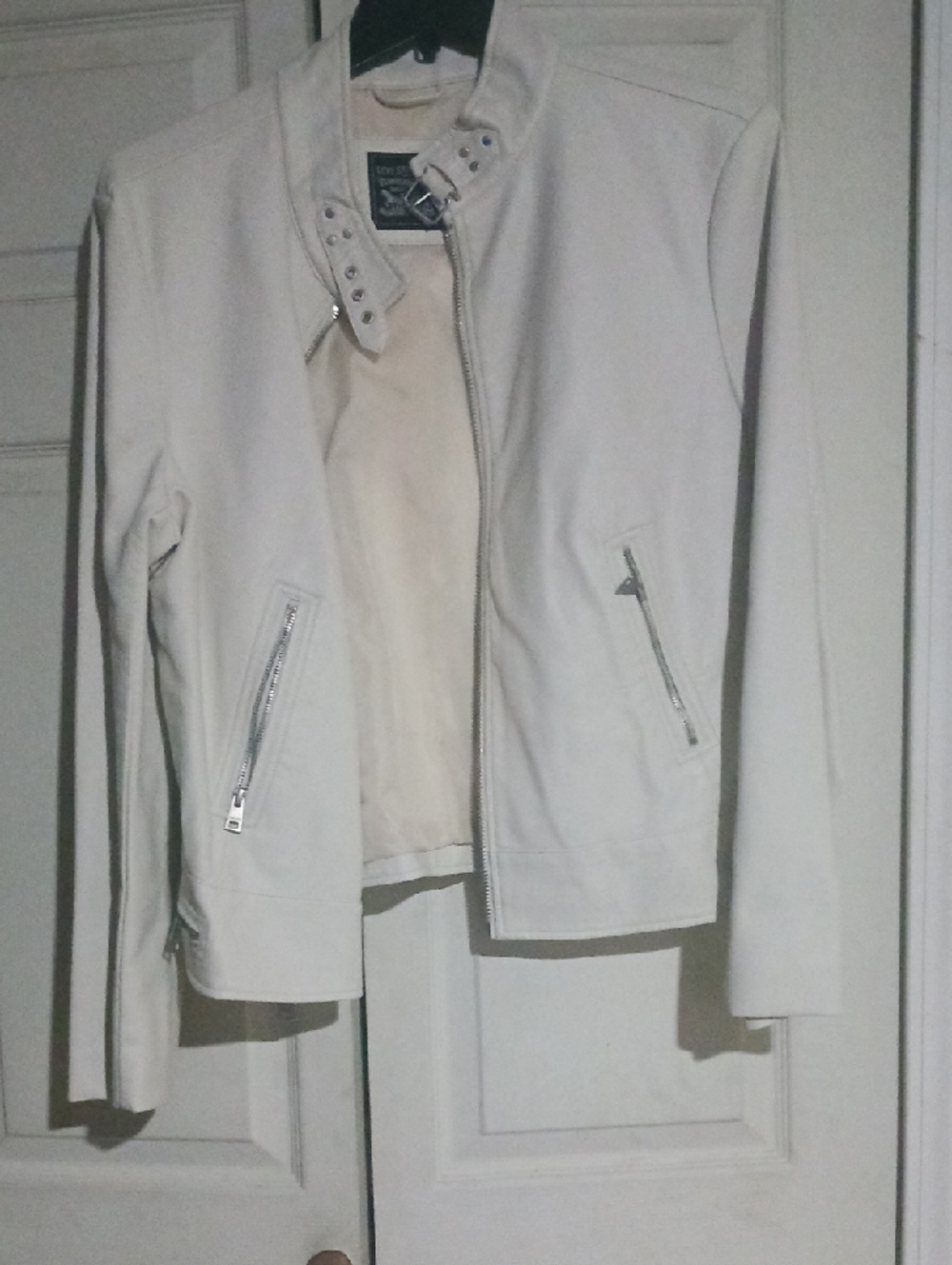 Cream Faux Leather Biker Jacket with Studded Snap Collar